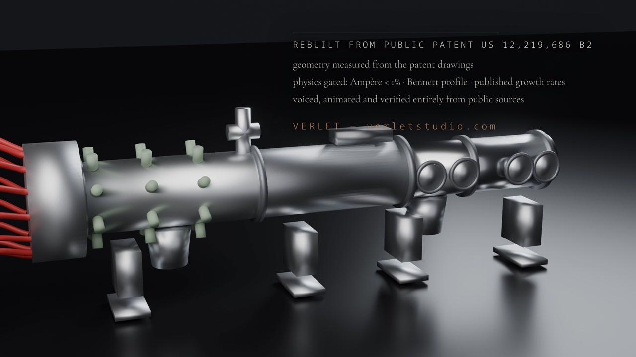 The Z-pinch machine rebuilt from patent US 12,219,686, with the closing title card
